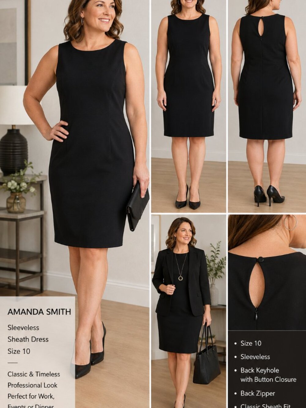 Amanda Smith Black Sleeveless Sheath Dress Women's Size 10 Classic Career